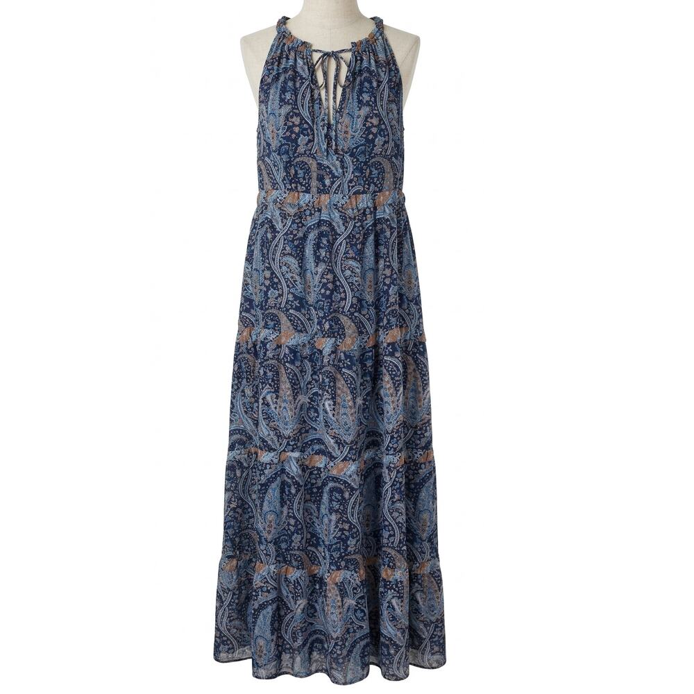 Caroline Constas Blue Paisley Maxi Dress Sleeveless Tiered Halter Boho‎ Small